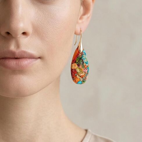 Emperor Stone Drop Earrings for Women, 2 Inch Dangle Statement Earrings in Gold & Silver, Teardrop Natural Healing Crystal Fishhook Earrings for Party, Wedding, Daily Wear in Saudi Arabia
