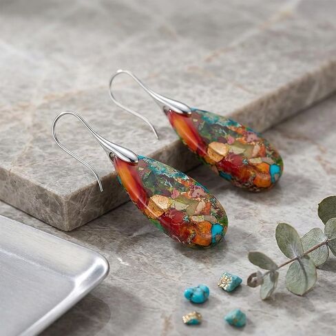 Emperor Stone Drop Earrings for Women, 2 Inch Dangle Statement Earrings in Gold & Silver, Teardrop Natural Healing Crystal Fishhook Earrings for Party, Wedding, Daily Wear in Saudi Arabia
