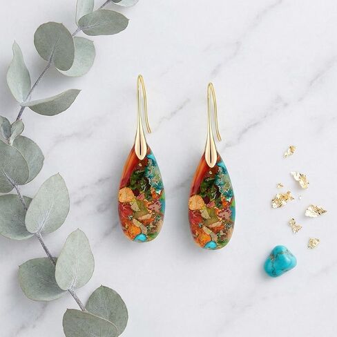 Emperor Stone Drop Earrings for Women, 2 Inch Dangle Statement Earrings in Gold & Silver, Teardrop Natural Healing Crystal Fishhook Earrings for Party, Wedding, Daily Wear in Saudi Arabia