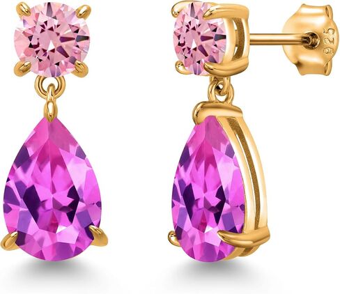 Gem Stone King 18K Yellow Gold Plated Silver Pink Created Sapphire and Pink Zirconia Teardrop Dangle Drop Earrings For Women | 10.26 Cttw | Gemstone Birthstone | Pear Shape 12x8MM and Round 6MM in Saudi Arabia