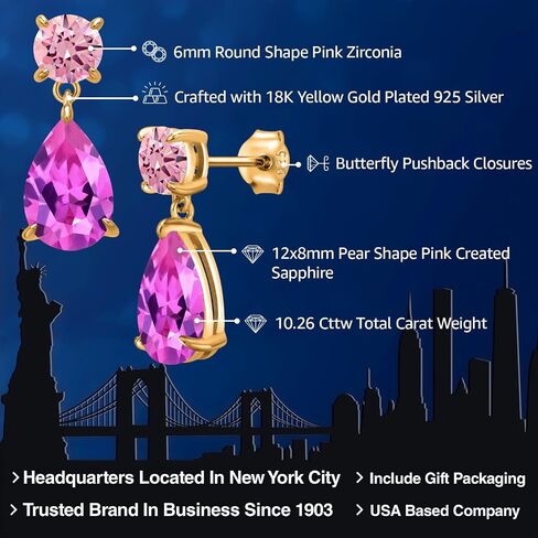 Gem Stone King 18K Yellow Gold Plated Silver Pink Created Sapphire and Pink Zirconia Teardrop Dangle Drop Earrings For Women | 10.26 Cttw | Gemstone Birthstone | Pear Shape 12x8MM and Round 6MM in Saudi Arabia