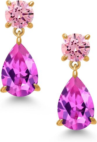 Gem Stone King 18K Yellow Gold Plated Silver Pink Created Sapphire and Pink Zirconia Teardrop Dangle Drop Earrings For Women | 10.26 Cttw | Gemstone Birthstone | Pear Shape 12x8MM and Round 6MM in Saudi Arabia