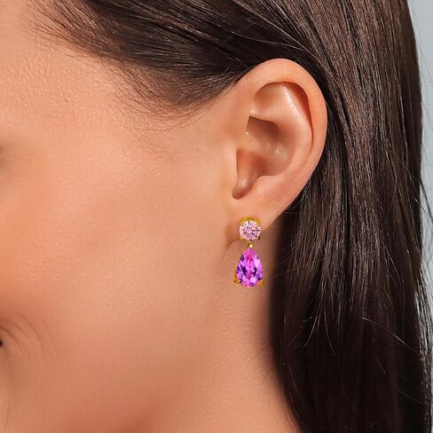 Gem Stone King 18K Yellow Gold Plated Silver Pink Created Sapphire and Pink Zirconia Teardrop Dangle Drop Earrings For Women | 10.26 Cttw | Gemstone Birthstone | Pear Shape 12x8MM and Round 6MM in Saudi Arabia
