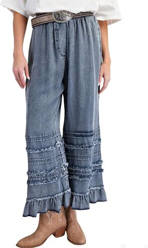 Women's Ruffle Hem High Waisted Denim Pants Tie Front Baggy Wide Leg Fringe Casual Boho Flowy Peplum Jeans in Kuwait