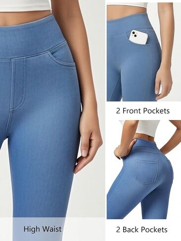 Stretchy Jeans for Women High Waist Jeggings Tummy Control Skinny Pull on Leggings with Pockets Trendy Casual in Kuwait