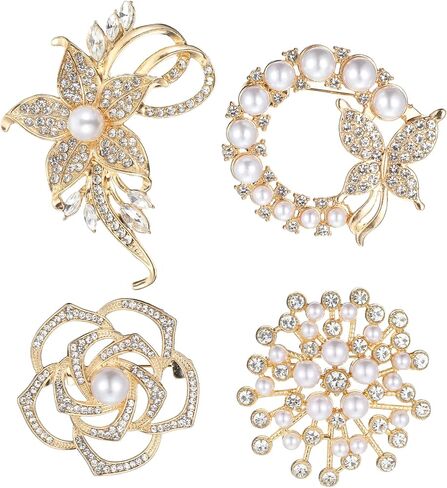 Pearl Brooches for Women 4pcs Women's Brooches & Pins, Flower Brooch, Composed of Imitation Pearls, Rhinestones, Flowers and Butterflies for Wedding Clothing Accessory Christmas Gift (4x4 cm) in Saudi Arabia