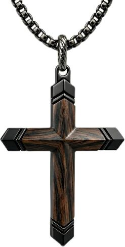 PERDANA Mens Cross Necklaces - Wooden Cross Necklace For Men - Stainless Steel Gift For Husband, Father, Son, Brother, Easter, Birthday, Includes Necklace 24" Box Chain in Kuwait