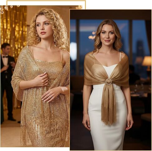 Glitter Metallic Shawls and Wraps with Buckle, Sparkling Shawl Wrap Scarf Tassel for Evening Dresses Party Bride(Gold) in Kuwait