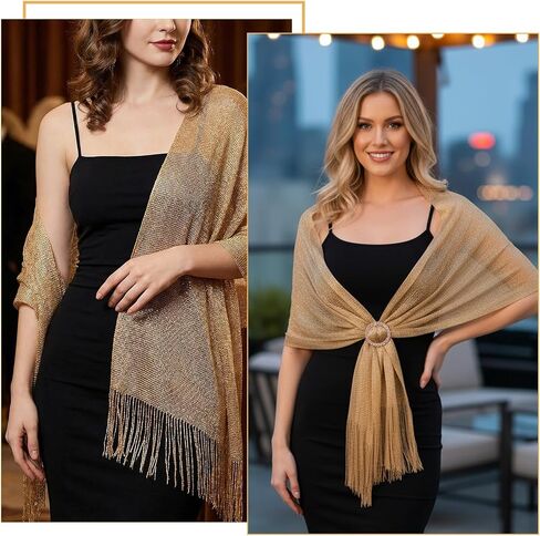 Glitter Metallic Shawls and Wraps with Buckle, Sparkling Shawl Wrap Scarf Tassel for Evening Dresses Party Bride(Gold) in Kuwait
