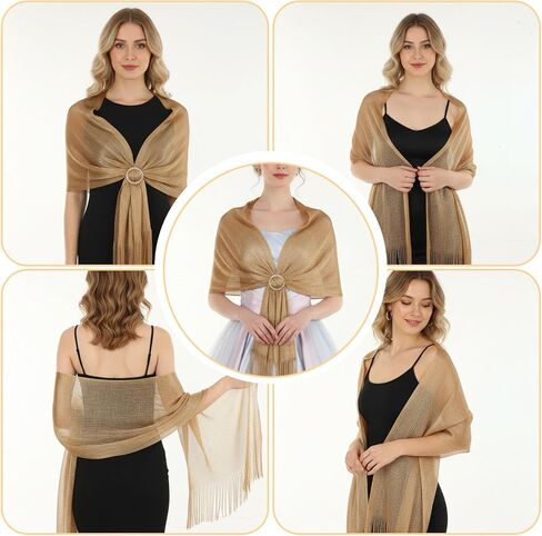 Glitter Metallic Shawls and Wraps with Buckle, Sparkling Shawl Wrap Scarf Tassel for Evening Dresses Party Bride(Gold) in Kuwait
