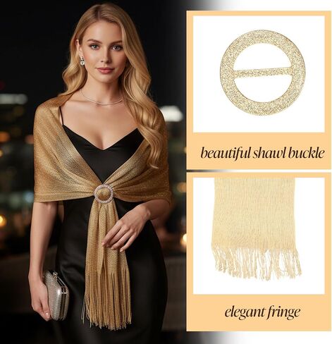 Glitter Metallic Shawls and Wraps with Buckle, Sparkling Shawl Wrap Scarf Tassel for Evening Dresses Party Bride(Gold) in Kuwait
