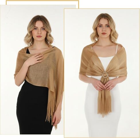 Glitter Metallic Shawls and Wraps with Buckle, Sparkling Shawl Wrap Scarf Tassel for Evening Dresses Party Bride(Gold) in Kuwait