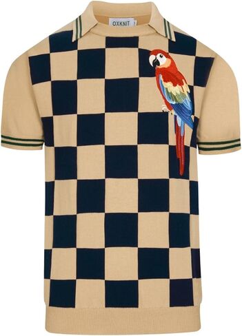 OXKnit Men's Knit T-Shirt Short Sleeve, Vintage Embroidered Bird Pattern Checkered Shirt Crewneck Cotton Tops Knitwear in Saudi Arabia