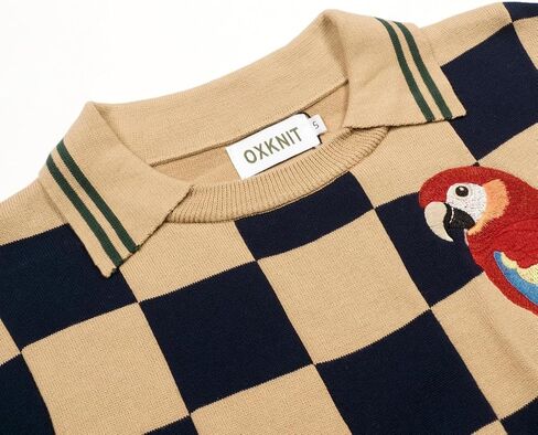 OXKnit Men's Knit T-Shirt Short Sleeve, Vintage Embroidered Bird Pattern Checkered Shirt Crewneck Cotton Tops Knitwear in Saudi Arabia