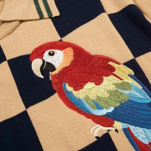OXKnit Men's Knit T-Shirt Short Sleeve, Vintage Embroidered Bird Pattern Checkered Shirt Crewneck Cotton Tops Knitwear in Saudi Arabia