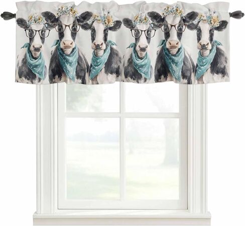 Farmhouse Cows Valances Window Treatment Farmhouse Decor, Retro Funny Farm Animals Flowers Beige Rod Pocket Valance Curtains for Living Room, Bedroom, Kitchen, 54" W x 18" L - 1 Panel in Kuwait
