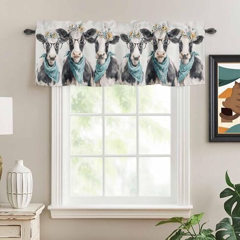 Farmhouse Cows Valances Window Treatment Farmhouse Decor, Retro Funny Farm Animals Flowers Beige Rod Pocket Valance Curtains for Living Room, Bedroom, Kitchen, 54" W x 18" L - 1 Panel in Kuwait
