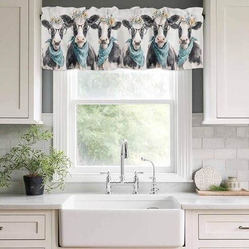 Farmhouse Cows Valances Window Treatment Farmhouse Decor, Retro Funny Farm Animals Flowers Beige Rod Pocket Valance Curtains for Living Room, Bedroom, Kitchen, 54" W x 18" L - 1 Panel in Kuwait