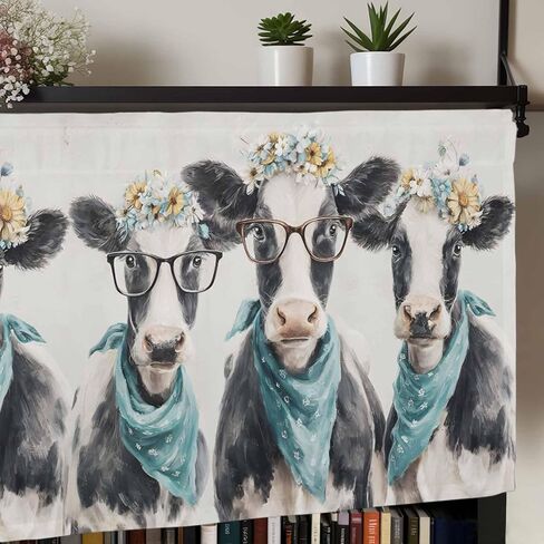 Farmhouse Cows Valances Window Treatment Farmhouse Decor, Retro Funny Farm Animals Flowers Beige Rod Pocket Valance Curtains for Living Room, Bedroom, Kitchen, 54" W x 18" L - 1 Panel in Kuwait