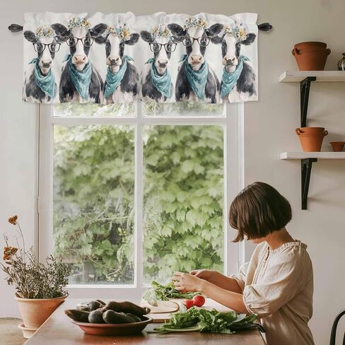 Farmhouse Cows Valances Window Treatment Farmhouse Decor, Retro Funny Farm Animals Flowers Beige Rod Pocket Valance Curtains for Living Room, Bedroom, Kitchen, 54" W x 18" L - 1 Panel in Kuwait