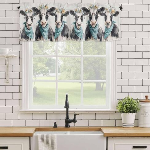Farmhouse Cows Valances Window Treatment Farmhouse Decor, Retro Funny Farm Animals Flowers Beige Rod Pocket Valance Curtains for Living Room, Bedroom, Kitchen, 54" W x 18" L - 1 Panel in Kuwait