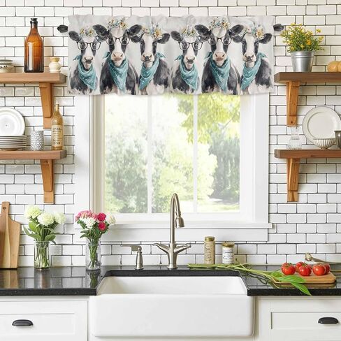 Farmhouse Cows Valances Window Treatment Farmhouse Decor, Retro Funny Farm Animals Flowers Beige Rod Pocket Valance Curtains for Living Room, Bedroom, Kitchen, 54" W x 18" L - 1 Panel in Kuwait