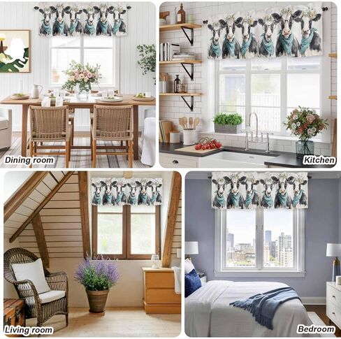 Farmhouse Cows Valances Window Treatment Farmhouse Decor, Retro Funny Farm Animals Flowers Beige Rod Pocket Valance Curtains for Living Room, Bedroom, Kitchen, 54" W x 18" L - 1 Panel in Kuwait