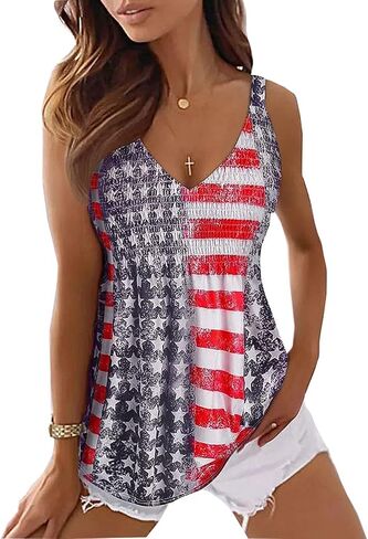 JMFXB American Flag Smocked Tank Tops Women 4th of July Bandeau Tank Tee American Flag Stars Graphic Patriotic Tank Shirts in Saudi Arabia