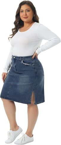Agnes Orinda Plus Size Pencil Skirt for Women Casual Slim Side Slit Jean Denim Skirts 3X Mid Blue in Kuwait