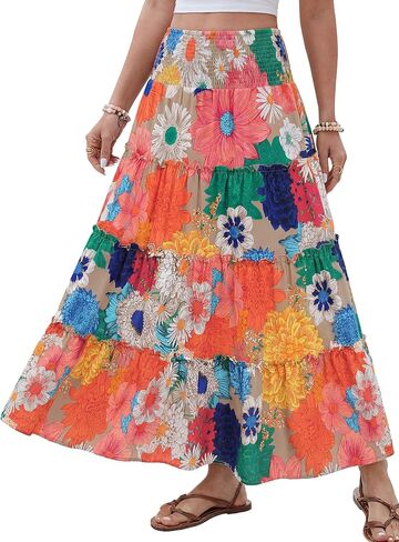 Women Summer Boho Flowy Skirts Maxi Flared Tiered Smocked High Waisted 2026 Spring Casual Work Vacation Long Skirts in Saudi Arabia