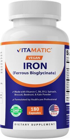 Vitamatic Vegan Iron with Vitamin C, B6, B12 & Folic Acid | Plus Spinach, Broccoli, Beetroot & Kale | 180 Capsules | Non-GMO, Gluten-Free, Sugar-Free | Made in USA in Kuwait