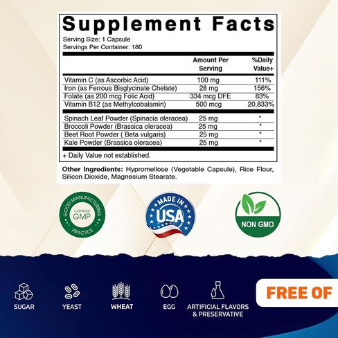 Vitamatic Vegan Iron with Vitamin C, B6, B12 & Folic Acid | Plus Spinach, Broccoli, Beetroot & Kale | 180 Capsules | Non-GMO, Gluten-Free, Sugar-Free | Made in USA in Kuwait