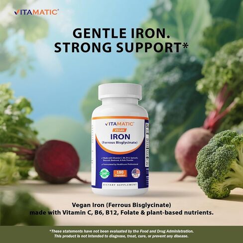 Vitamatic Vegan Iron with Vitamin C, B6, B12 & Folic Acid | Plus Spinach, Broccoli, Beetroot & Kale | 180 Capsules | Non-GMO, Gluten-Free, Sugar-Free | Made in USA in Kuwait