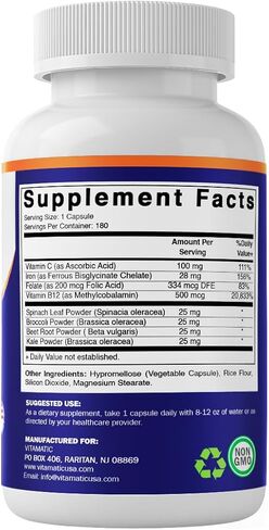 Vitamatic Vegan Iron with Vitamin C, B6, B12 & Folic Acid | Plus Spinach, Broccoli, Beetroot & Kale | 180 Capsules | Non-GMO, Gluten-Free, Sugar-Free | Made in USA in Kuwait