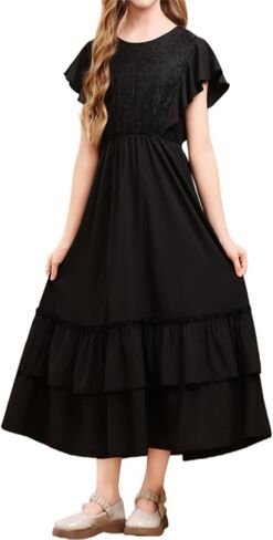 Girls Ruffle Sleeve Crew Neck Lace Flared Hemline Midi Formal Elegant Flowy Vintage Dress Wedding Guest Party Dresses in Saudi Arabia