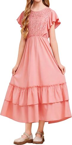 Girls Ruffle Sleeve Crew Neck Lace Flared Hemline Midi Formal Elegant Flowy Vintage Dress Wedding Guest Party Dresses in Saudi Arabia