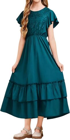 Girls Ruffle Sleeve Crew Neck Lace Flared Hemline Midi Formal Elegant Flowy Vintage Dress Wedding Guest Party Dresses in Saudi Arabia