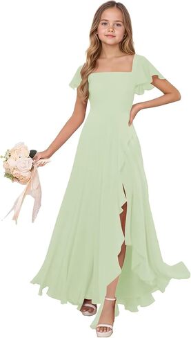 Junior Bridesmaid Dresses Ruffle Sleeve Chiffon Flower Girl Dress for Wedding Prom Dresses for Teen in Saudi Arabia