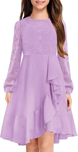 MITILLY Girls Lace Flower Ruffle Dress Long Sleeve Chiffon A Line High Low Junior Bridesmaid Dresses for Wedding Party New in Saudi Arabia
