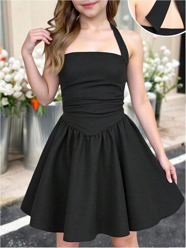 WDIRARA Girl's Tie Back Sleeveless Halter Dress Ruched Party Birthday Swing A Line Dress Black 10Y in Kuwait