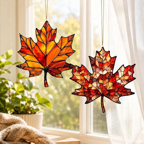 2D Flat Stained Glass Style Orange Maple Leaf Hanging Ornament, Window Wall Porch Tree Decor for Home Thanksgiving Harvest (1Pcs-1) in Kuwait