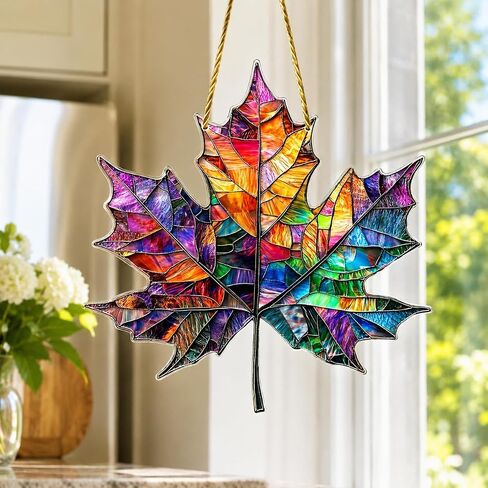 2D Flat Stained Glass Style Orange Maple Leaf Hanging Ornament, Window Wall Porch Tree Decor for Home Thanksgiving Harvest (1Pcs-1) in Kuwait