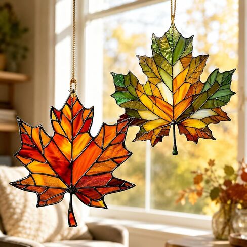2D Flat Stained Glass Style Orange Maple Leaf Hanging Ornament, Window Wall Porch Tree Decor for Home Thanksgiving Harvest (1Pcs-1) in Kuwait