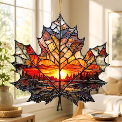 2D Flat Stained Glass Style Orange Maple Leaf Hanging Ornament, Window Wall Porch Tree Decor for Home Thanksgiving Harvest (1Pcs-1) in Kuwait