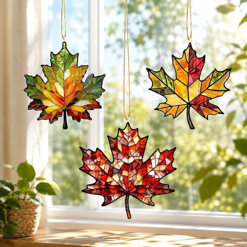 2D Flat Stained Glass Style Orange Maple Leaf Hanging Ornament, Window Wall Porch Tree Decor for Home Thanksgiving Harvest (1Pcs-1) in Kuwait