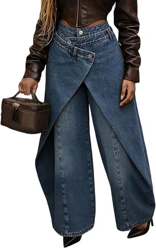 Voghtic Women's High Waisted Wrap Wide Leg Jeans - Asymmetrical Faux Wrap Denim Pants in Kuwait