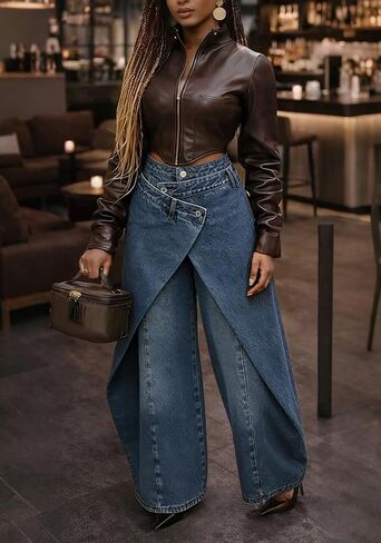 Voghtic Women's High Waisted Wrap Wide Leg Jeans - Asymmetrical Faux Wrap Denim Pants in Kuwait