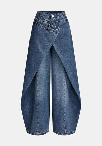 Voghtic Women's High Waisted Wrap Wide Leg Jeans - Asymmetrical Faux Wrap Denim Pants in Kuwait