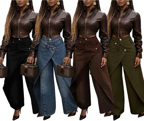 Voghtic Women's High Waisted Wrap Wide Leg Jeans - Asymmetrical Faux Wrap Denim Pants in Kuwait