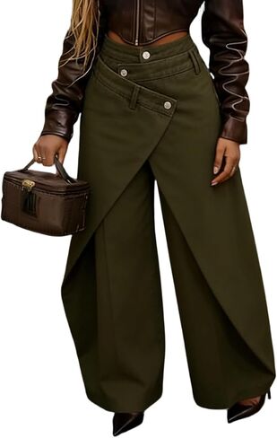 Voghtic Women's High Waisted Wrap Wide Leg Jeans - Asymmetrical Faux Wrap Denim Pants in Kuwait